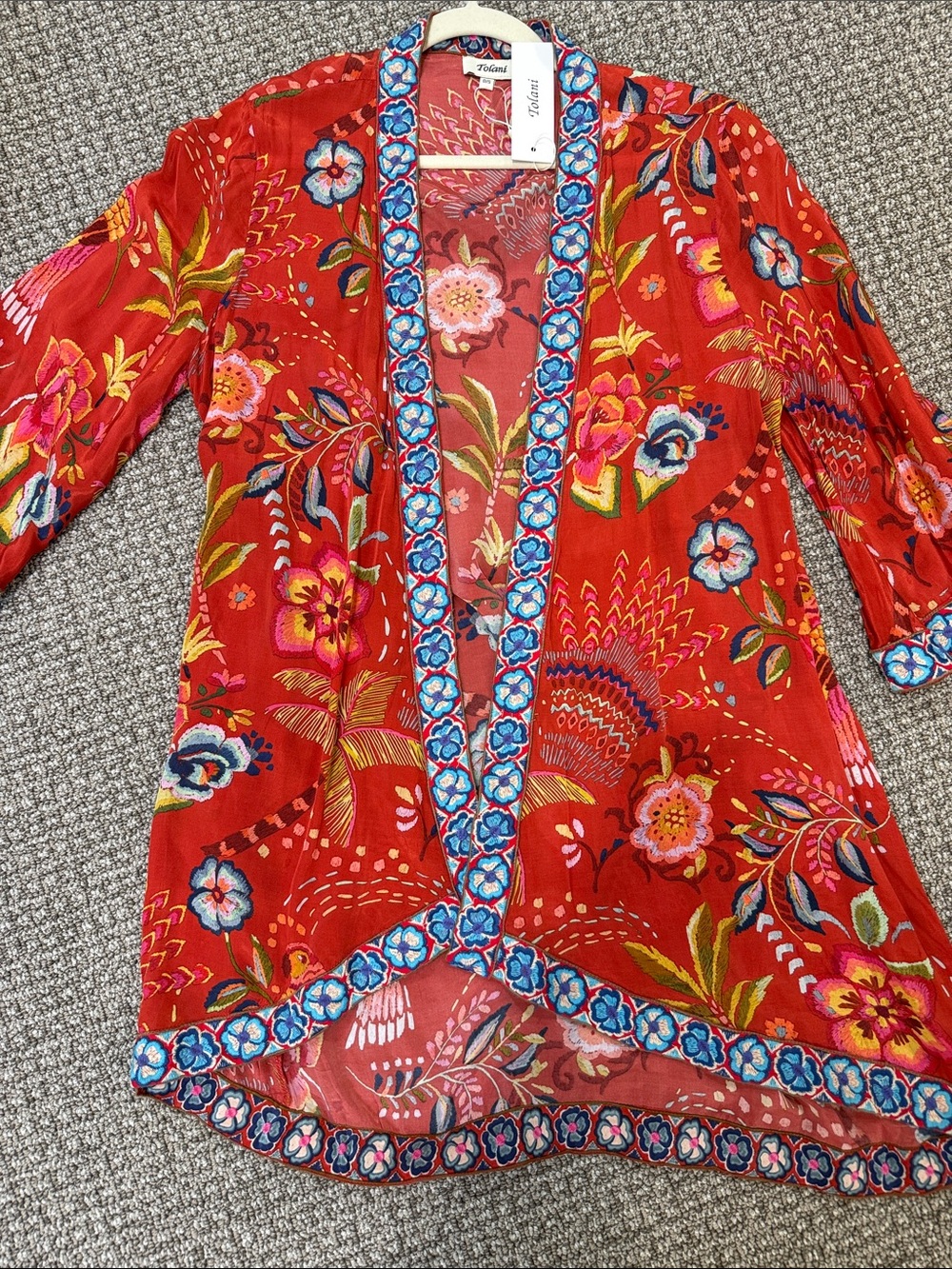Tolani Red Floral Open Cardigan with Blue Embroidered Trim and Pink Accents